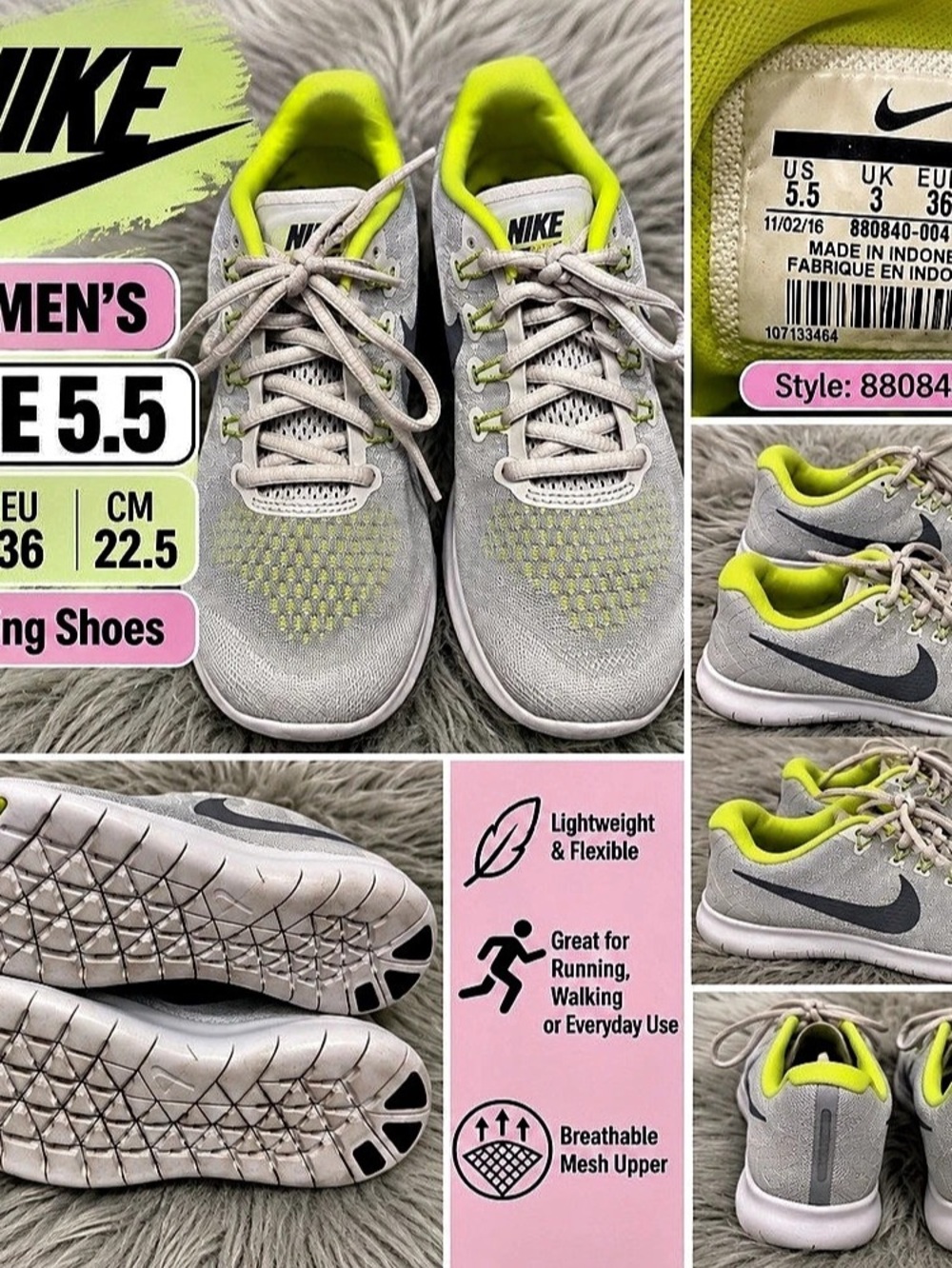 Nike Free RN 2017 Running Shoes Gray & Green US 5.5